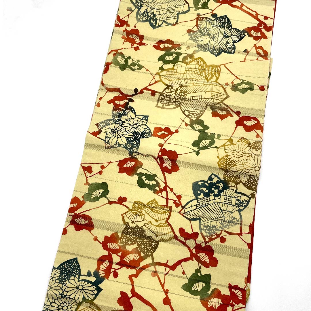 名古屋帯 魚子黄色 紅葉 松竹梅 レトロ 帯丈376cm 正絹 Sランク 六通 カジュアル ベージュ系 1124004742325  名古屋仕立て