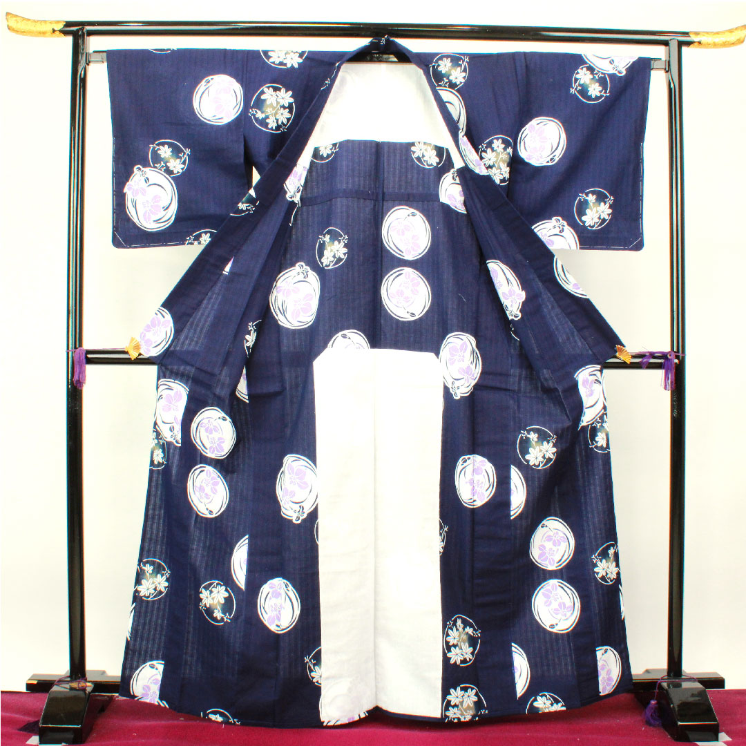 Yukata with basting thread, unused, dark blue, iris, cotton, S rank, single layer, length 166cm, sleeve length 67.5cm, navy blue, 1118002822518