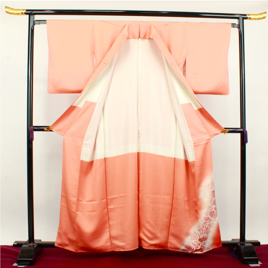 色留袖 身丈160.5cm 裄丈64cm 袷 珊瑚色 京友禅 鶴 流水 三つ扇 正絹 Sランク 三つ紋 橙系 1111001132426