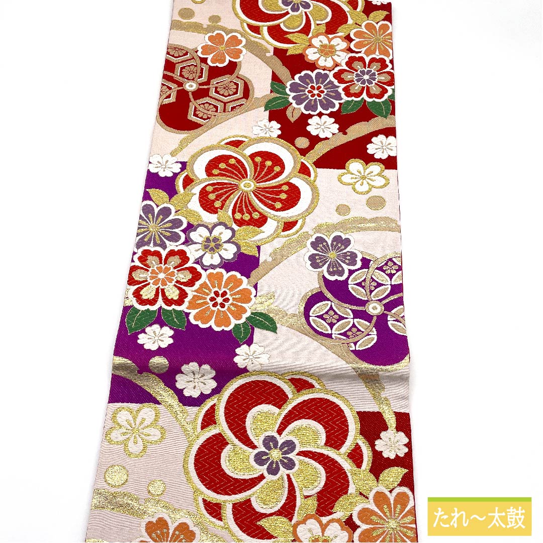 袋帯 正絹 白梅鼠色（しらうめねずいろ） ねじり梅 露草 桜 市松 帯丈440cm Sランク 六通 フォーマル 白系 1123011672311