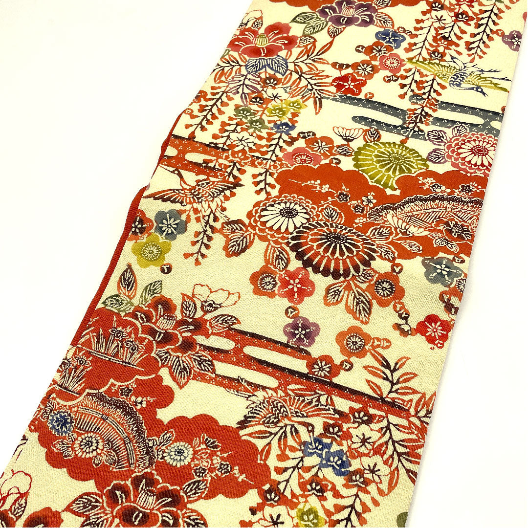 名古屋帯 京紅型 染め帯 縮緬 草花模様 帯丈395.5cm 正絹 Aランク 六通 カジュアル クリーム系 1124001963315  名古屋仕立て