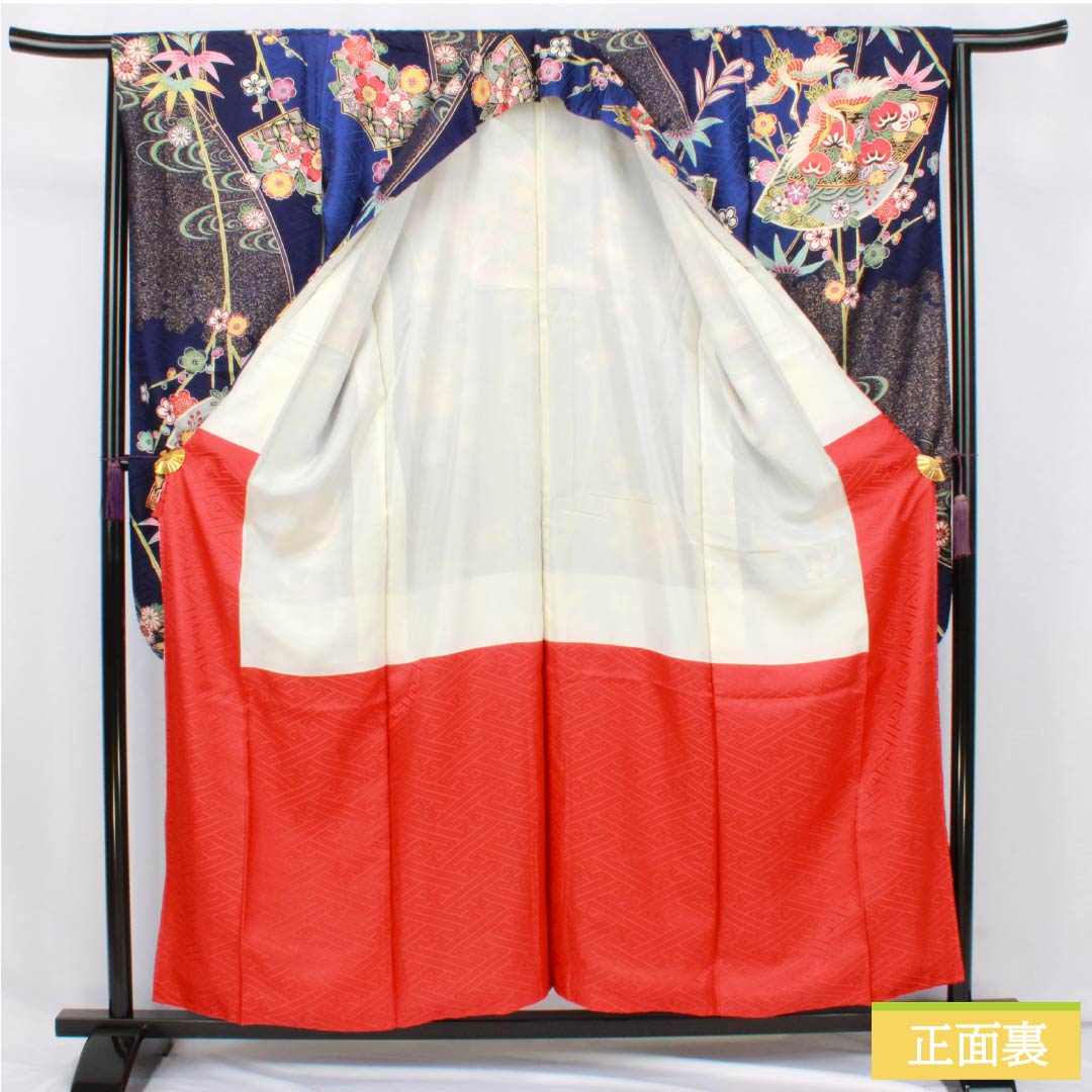 Furisode (long-sleeved kimono) made of pure silk, S rank, length 158cm, sleeve length 64.5cm, lined, Kyoto yuzen, auspicious motifs of cranes, tangerines, fan motifs, plum blossoms, and blue tones, product number 1113002662317