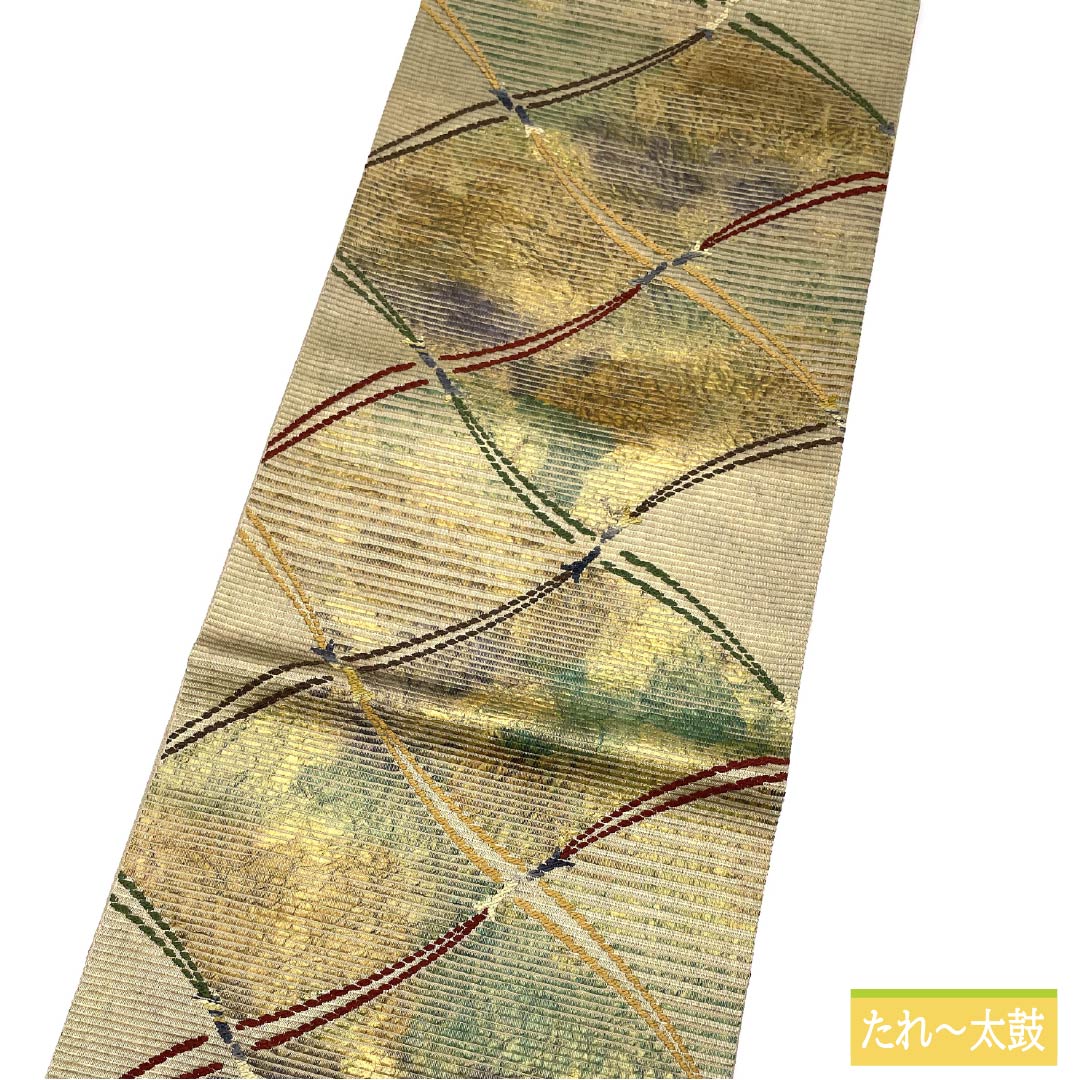 Fukuro Obi (sash) made of pure silk with a fan-shaped design, thick gold leaf and string pattern, 444cm long, S rank, six-fold obi, semi-formal, gradient pattern, product number 1123014902399