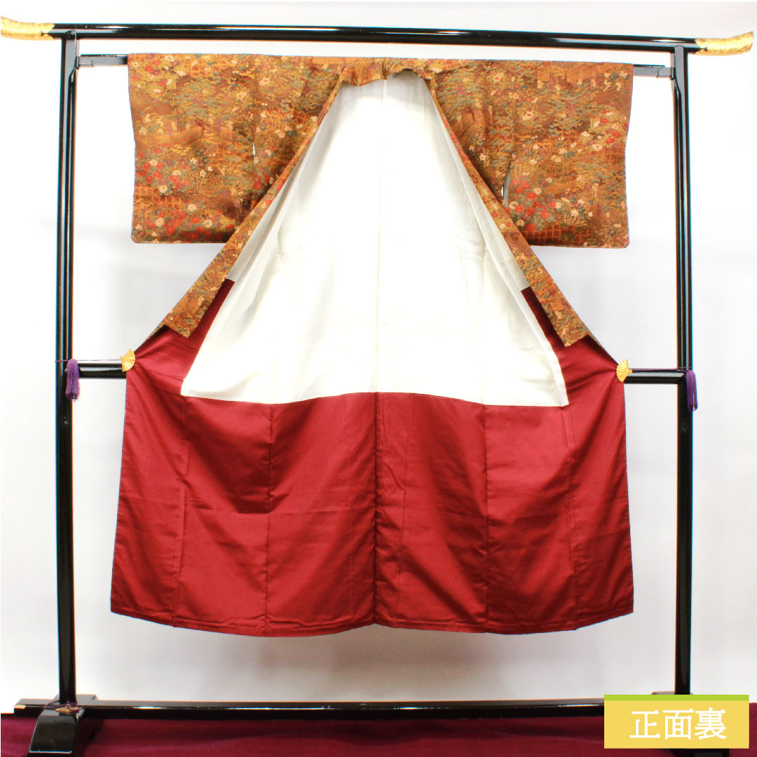 小紋 正絹 身丈140cm 裄丈60.5cm 袷  濃茶色 草花模様 しつけ糸付き 未使用品  Sランク 茶系 1115003732114
