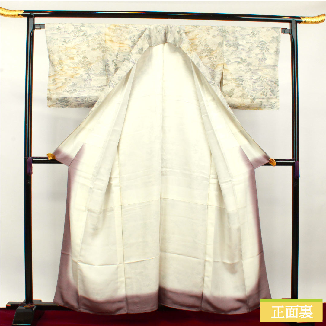小紋 正絹 身丈159cm 裄丈65.5cm 袷  銀白色 風景模様 しつけ糸付き 未使用品  Sランク グレー系 1115003722322
