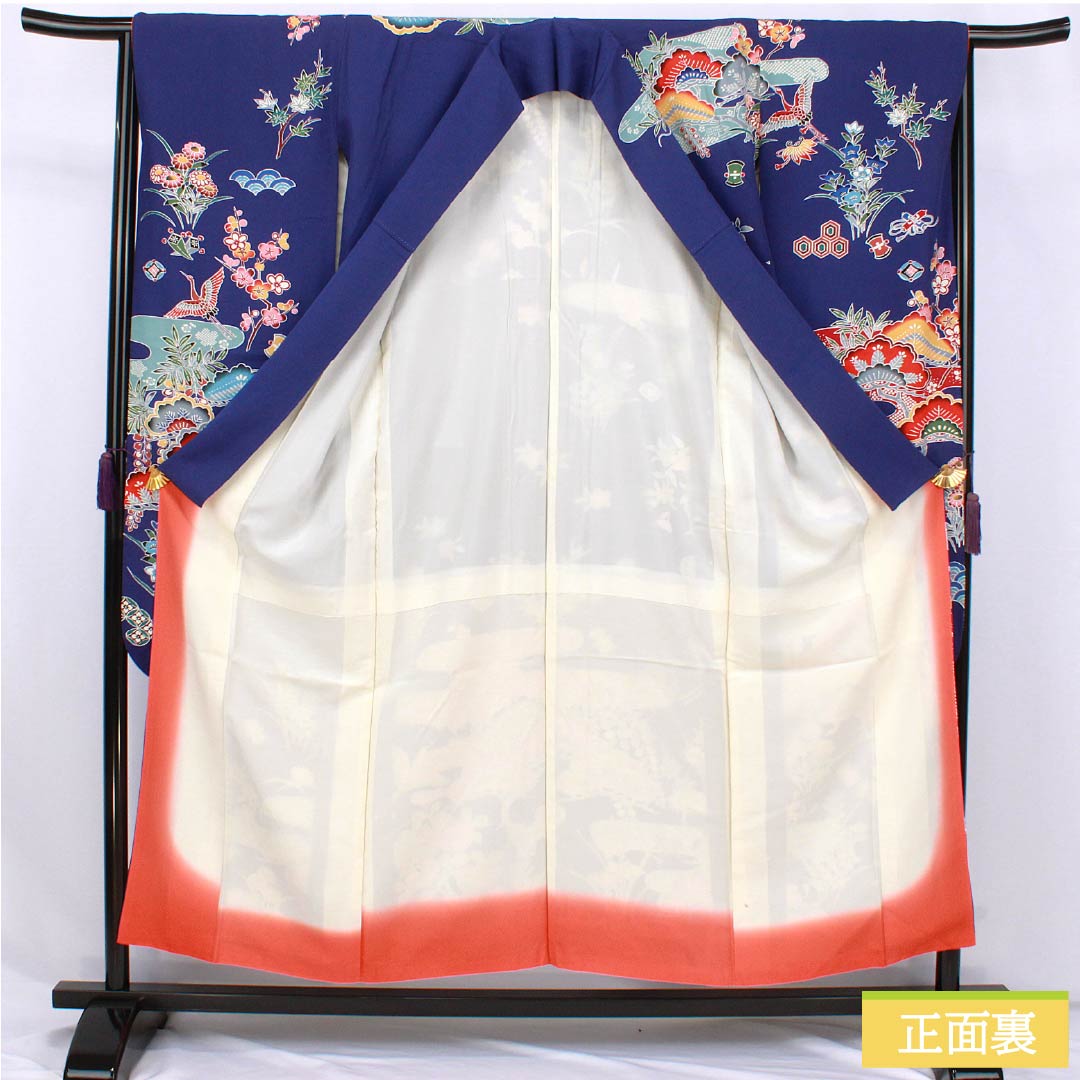 振袖 正絹 Aランク 身丈154.5cm 裄丈65cm 袷 青紫色（あおむらさきいろ） 京紅型 吉祥文様 松 藤 菖蒲 青系 1113002383217