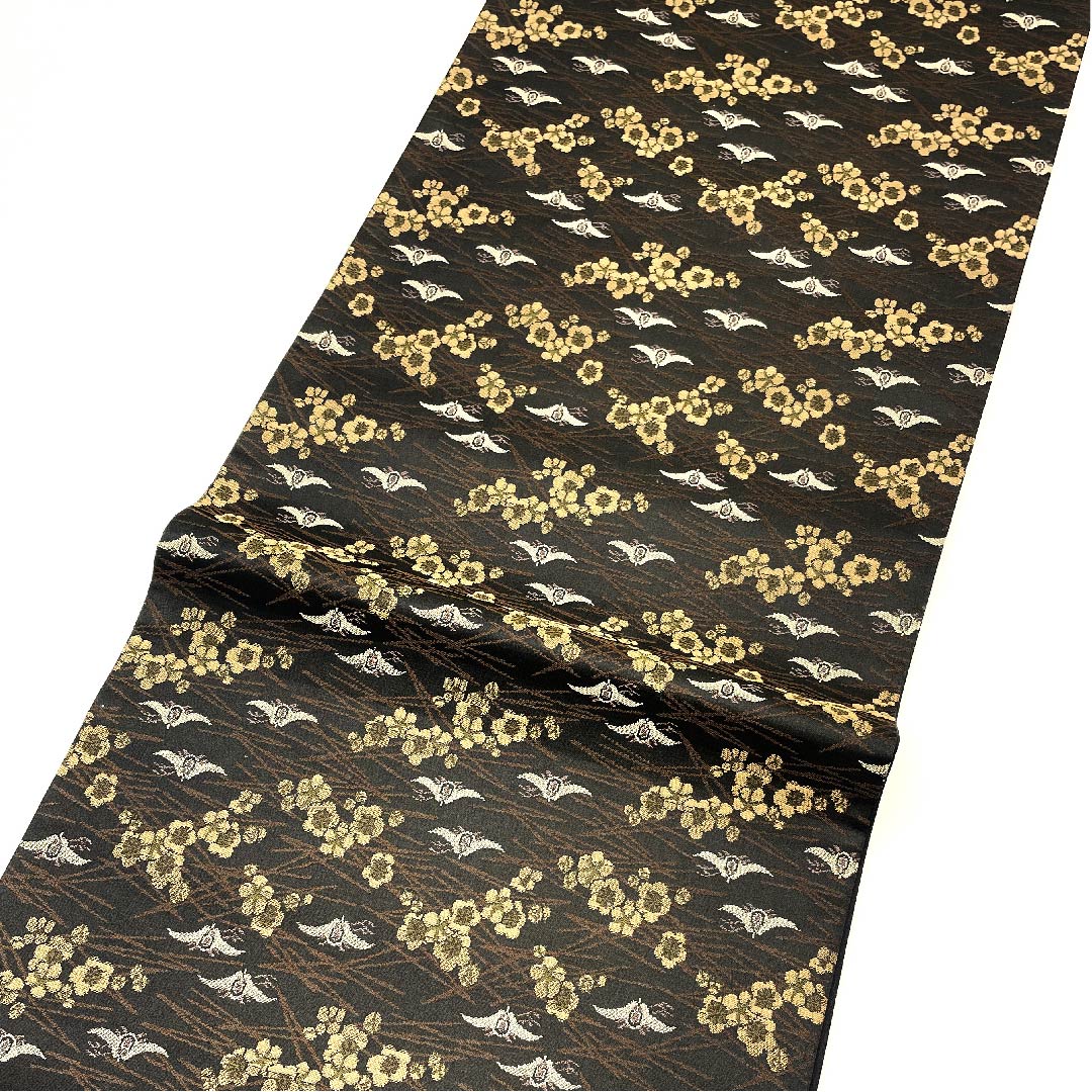 Fukuro Obi Black Pine Plum Bird Obi Length 454cm Pure Silk S Rank Full Length Casual Black 1123002852410