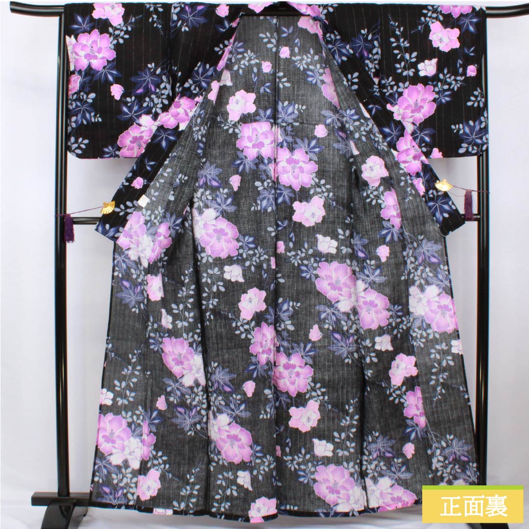 浴衣 木綿 身丈161.5cm 裄丈65cm Sランク 単衣 黒系 竪絽（たてろ） 花 銀糸入り 1118006662410