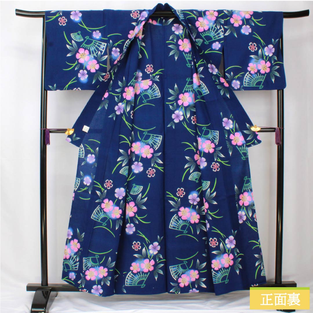 Cotton Yukata, Length 157cm, Sleeve Length 68.5cm, S Rank, Single Layer, Navy Blue, Cosmos, Fan Design, 1118005972318