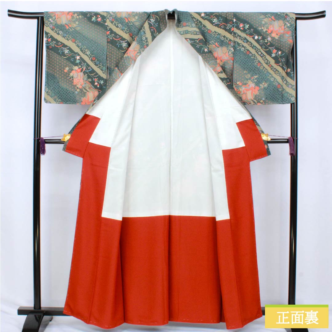 Small-patterned kimono, polyester, S rank, length 161cm, sleeve length 64.5cm, lined, iron-colored (Tetsuiro) and iron-colored (Tetsuonandoiro) with a Goshoguruma (imperial carriage) and flower motif, washable, green, 1115007562419