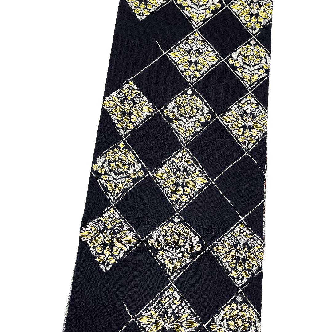 Fukuro Obi Black Diamond Abstract Flower Pattern Obi Length 447cm Pure Silk S Rank Six-way Casual Black 1123009502310