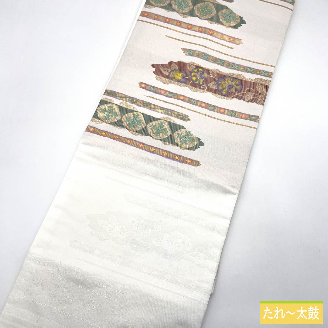 Nagoya Obi, Polyester, S-Rank, Classic Pattern, Horizontal Stripes, Chinese Flowers, Length 372cm, Pointed Pattern, Semi-Formal, White, 1124010792311, Nagoya Style