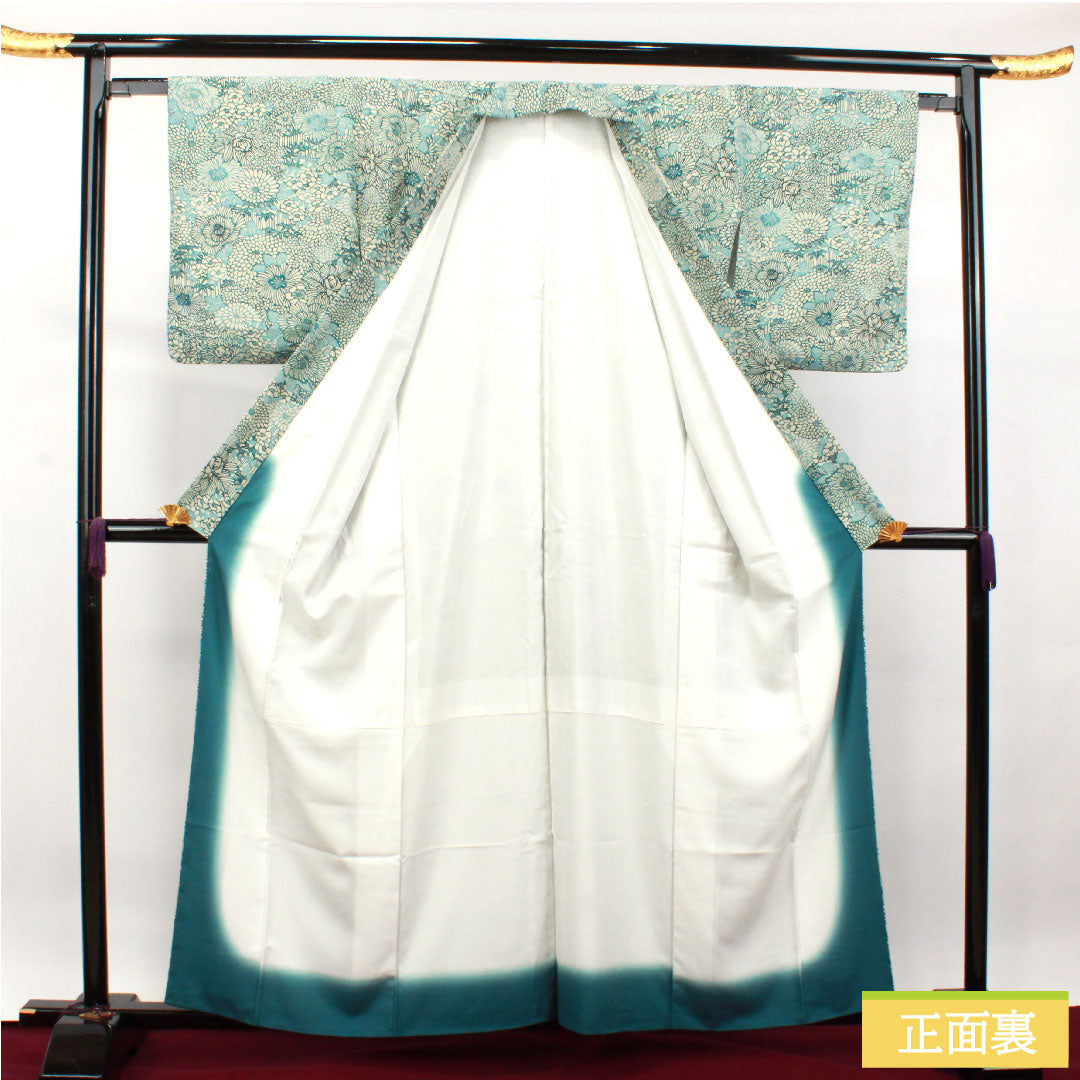 小紋 ポリエステル 身丈160.5cm 裄丈63.5cm 袷  卯の花色 型染 菊 竹 洗える着物  Sランク 白系 1115003752411