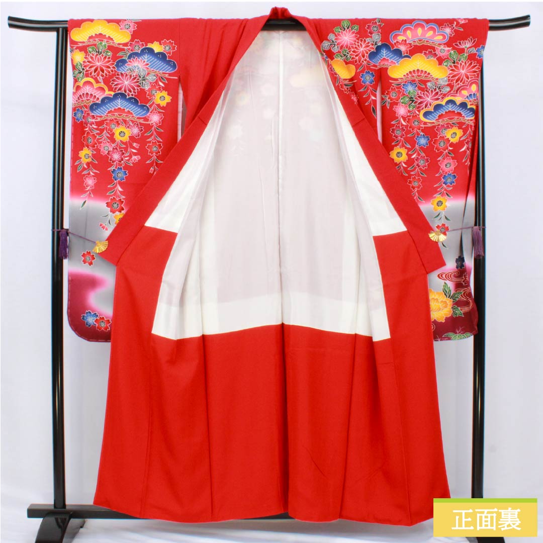Furisode Pure Silk S Rank Length 157.5cm Sleeve-to-sleeve 65.5cm Lined Crimson Kyoto Bingata Auspicious Motifs Pine Cherry Red 1113002312312