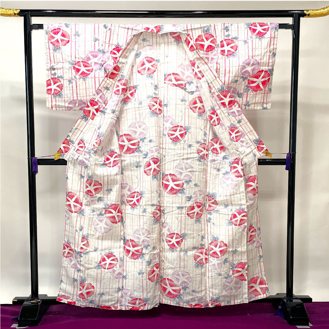 浴衣 朝顔 格子 木綿 Sランク 単衣 身丈162.5cm 裄丈65cm 白系 1118001512411