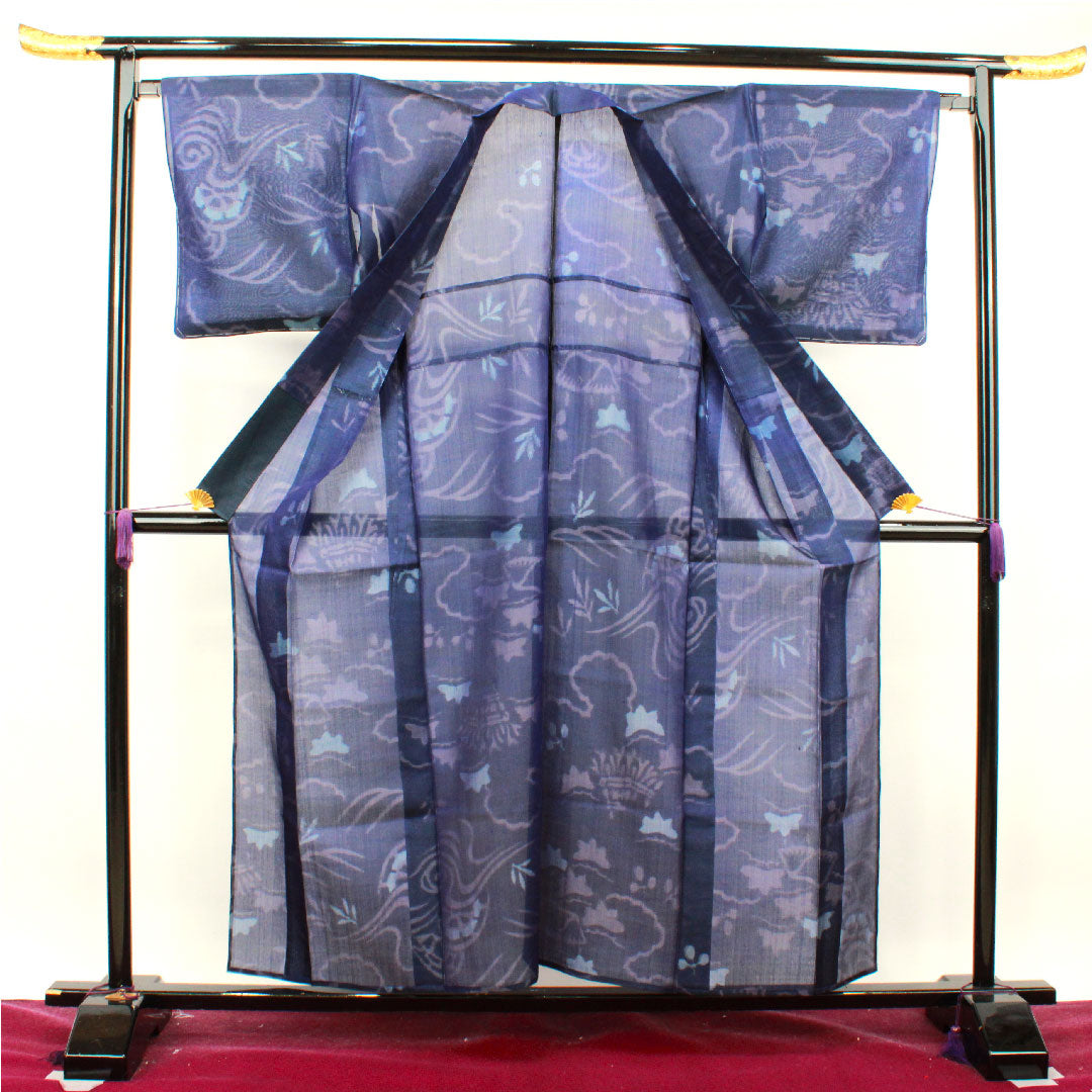 夏物 正絹 紬 身丈158cm 裄丈66cm 緋紺色（ひこんいろ） 抽象模様 しつけ糸付き 紗 Aランク 紫系 1132000913320