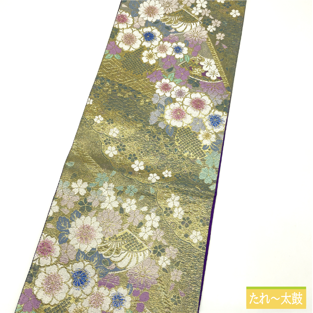 Fukuro obi, pure silk, S rank, reversible, Nishijin-ori, cherry blossoms, stripes, obi length 464cm, Rokutsu, formal, gradation, 1123017262499