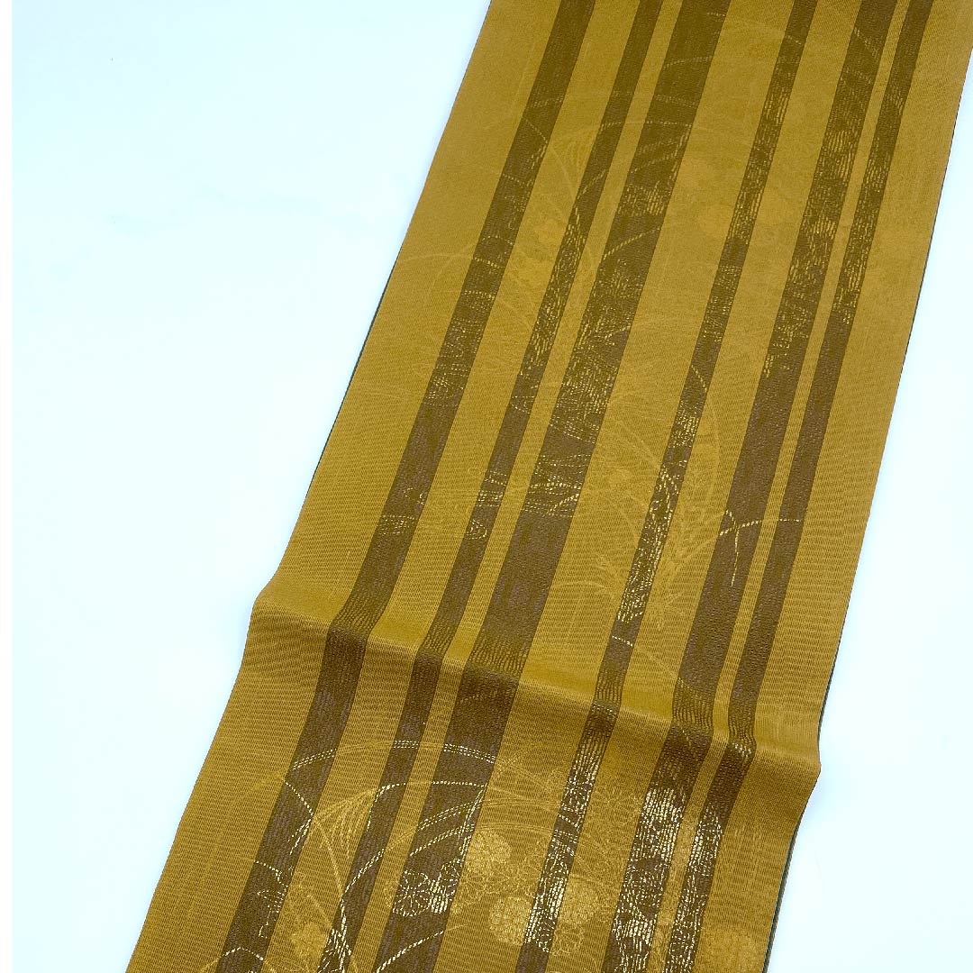 袋帯 狐色（きつねいろ） 夏帯 すすき 花模様 夏物 帯丈438cm 正絹 Sランク 全通 カジュアル 黄系 1123007732323