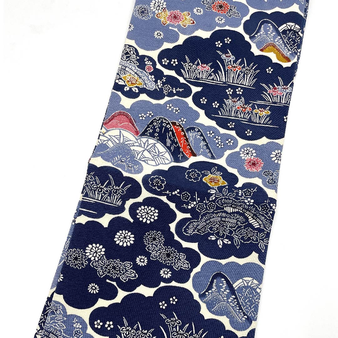 名古屋帯 韓藍色　草花模様 ちりめん地 帯丈337cm 正絹 Bランク ポイント柄 カジュアル 青系 1124004522317  名古屋仕立て