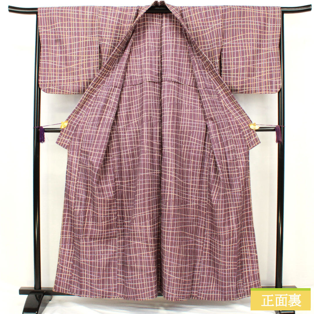 Small pattern, polyester, length 159cm, sleeve length 66cm, single layer, ancient purple, washable kimono, checkered pattern, A rank, purple, 1115004863320