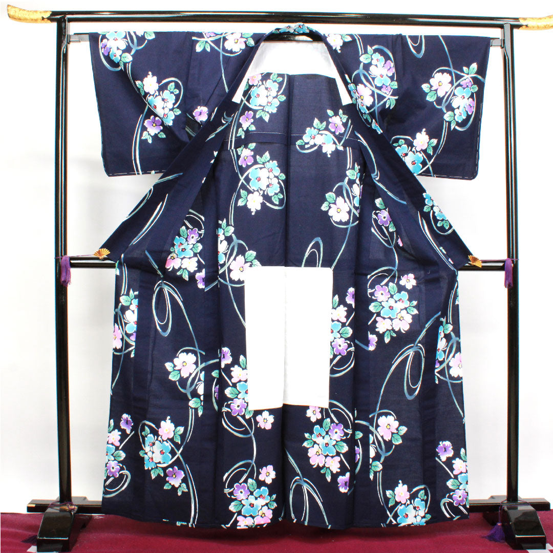 Yukata with basting thread, unused, dark navy blue, abstract flower, cotton, S rank, single layer, length 164cm, sleeve length 67cm, navy blue, 1118003432418