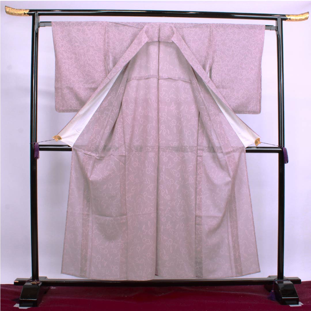 夏物 正絹 小紋 身丈155.5cm 裄丈63.5cm 柴色（ふしいろ） 花模様 紗 Sランク 紫系 1132000222320