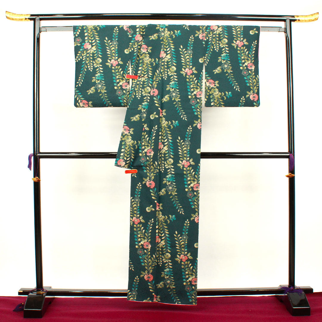 小紋 身丈161cm 裄丈64.5cm 袷  鉄色 洗える着物 辻ヶ花  ポリ Sランク 緑系 1115002612419