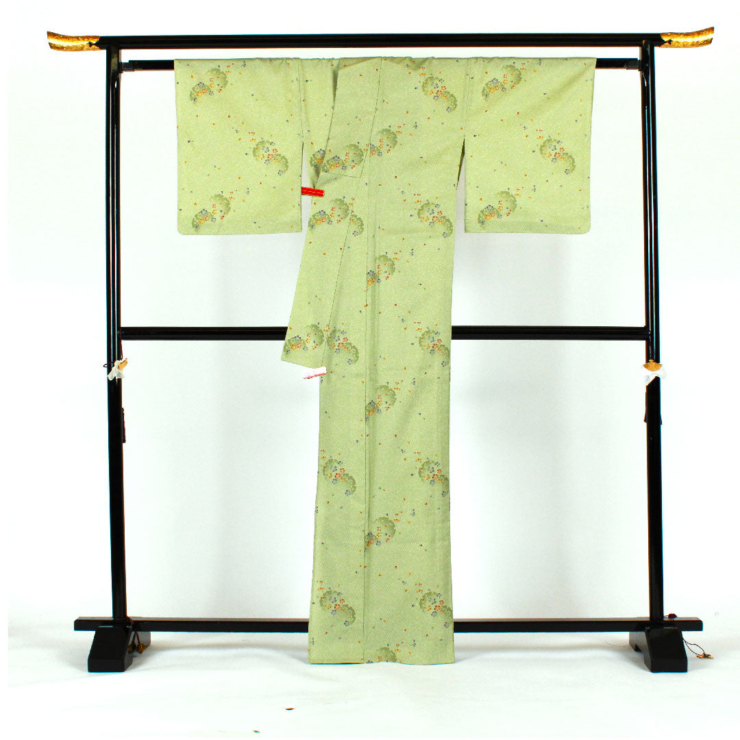 小紋 身丈166.5cm 裄丈69cm 単衣  桜 雪輪 洗える着物  ポリ Sランク 緑系 1115000792419
