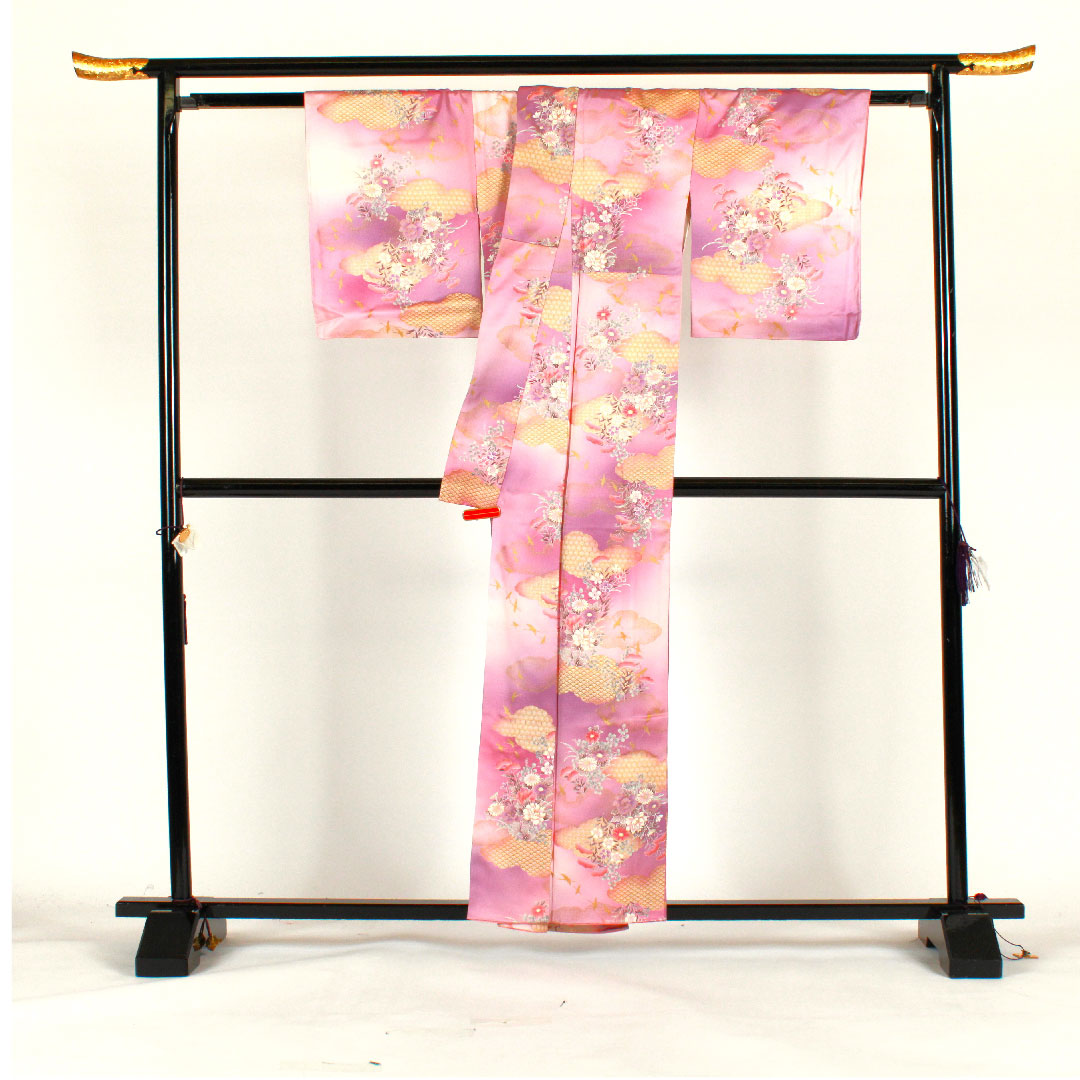 小紋 身丈158cm 裄丈65cm 袷  洗える着物 雲取り 草花模様  ポリ Aランク 紫系 1115001623320