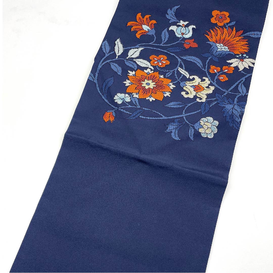 Nagoya obi, navy blue, Chinese flower pattern, obi length 356cm, pure silk, A rank, point pattern, casual, navy blue, 1124003033318, Nagoya style