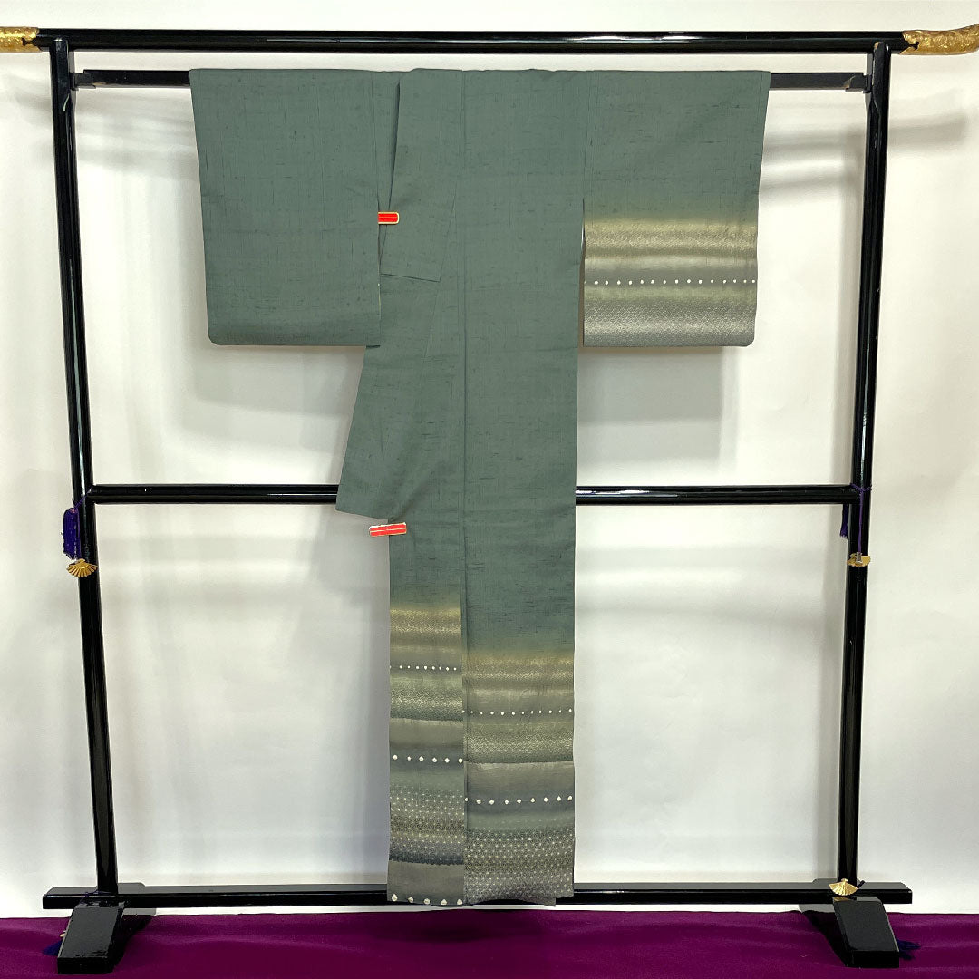 Homongi (formal kimono) Length 156cm Sleeve length 64cm Chigusa gray Tsumugi fabric Shibori Pure silk S rank Green 1112001992319