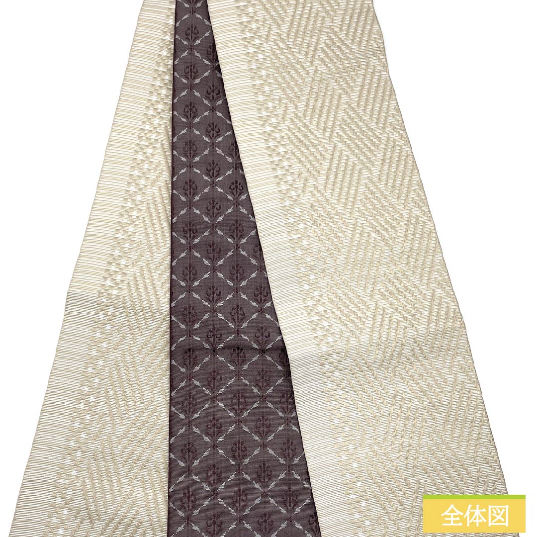 (New) Han-haba obi, polyester, NEW rank, Enshunezumi (dark gray-brown) and Mokuran (magnolia) colors, diamond and abstract floral patterns, reversible, obi length 400cm, brown tones, 1125002701414
