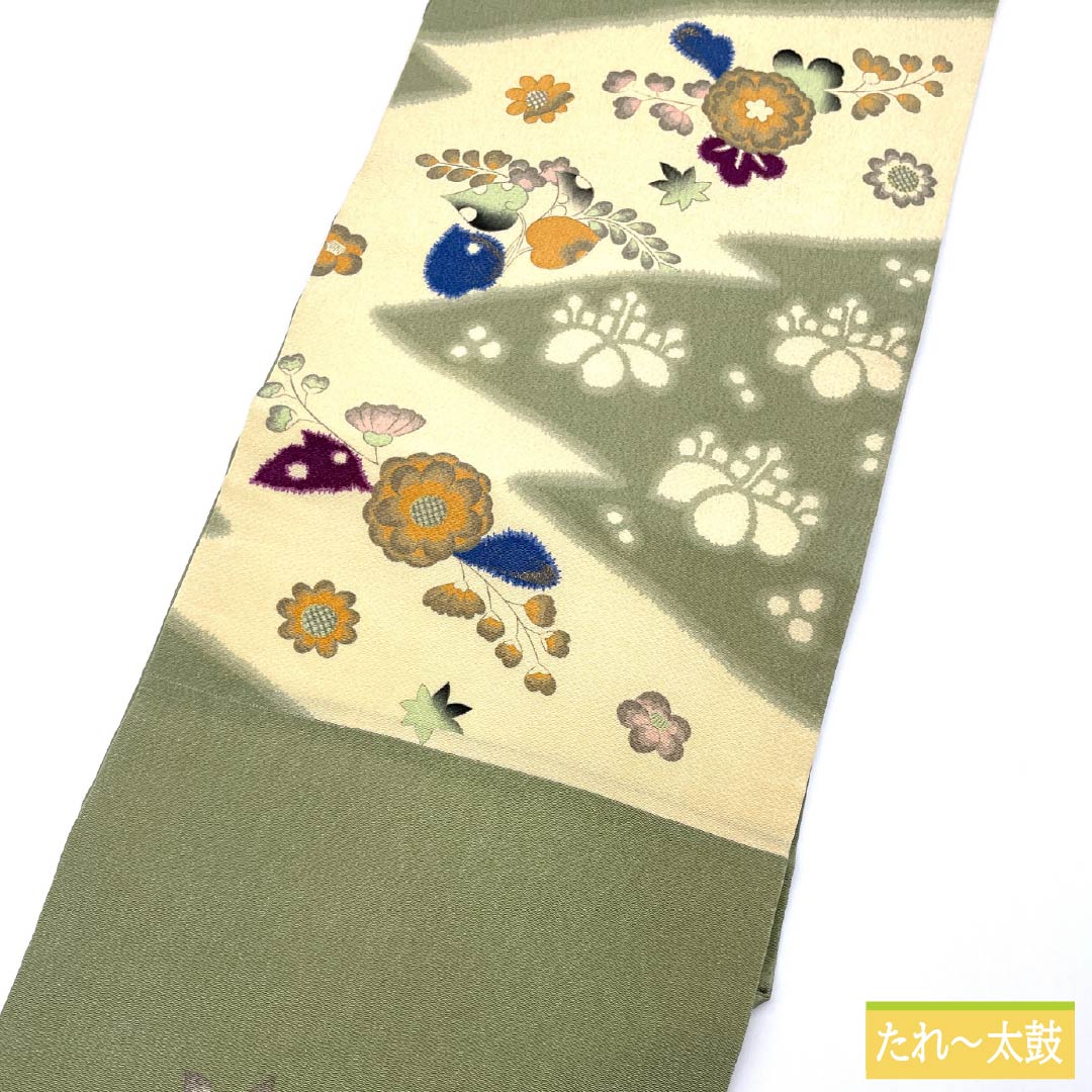 名古屋帯 正絹 Aランク 柳茶色（やなぎちゃいろ） ちりめん地 辻ヶ花 染め帯 帯丈347cm ポイント柄 カジュアル 緑系 1124009183319 名古屋仕立て