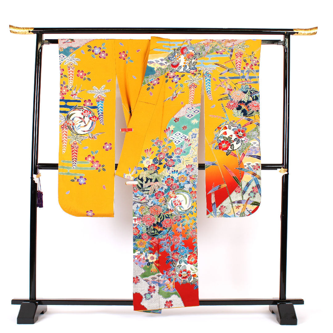 振袖 身丈157cm 裄丈65cm 袷  作家物 京紅型 櫨染色  正絹 Sランク 黄系 1113000032323