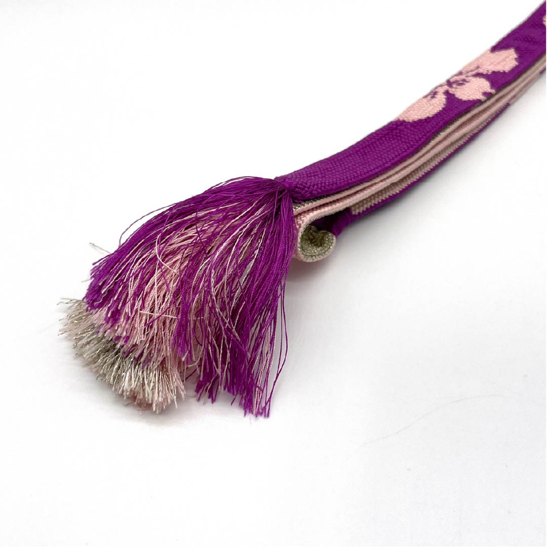 S-Rank Obijime (Sash Band) in Red Bellflower Color (Benikikyoiro) for Furisode Kimono (Formal Kimono) - Classic Floral Pattern, Approximately 163.5cm Long, Approximately 2cm Wide, Purple, Product Number: 1135004082320