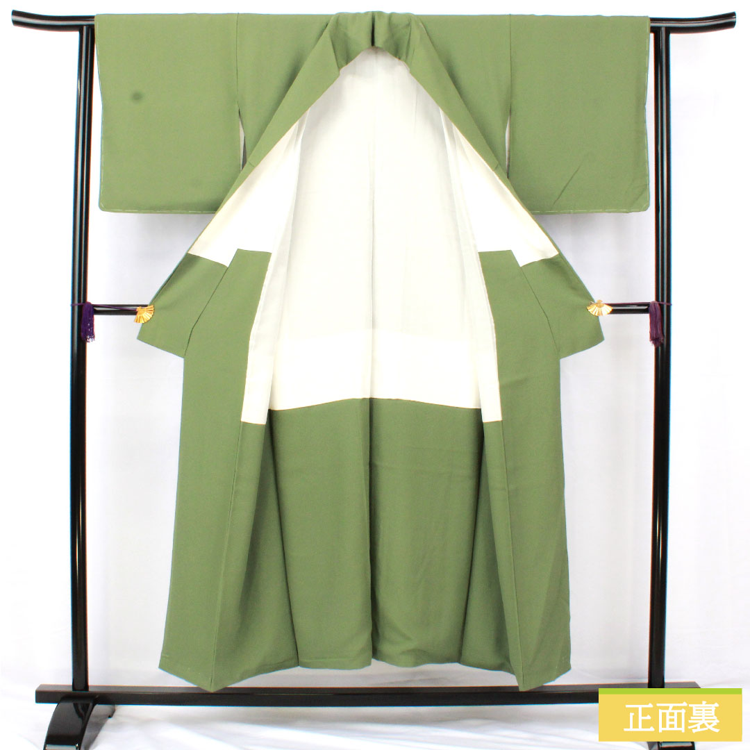 Plain color, pure silk, length 150cm, sleeve length 63cm, Bushukan color, plain color, one crest, corner cut corner with katabami, lined, S rank, green, 1114001802119