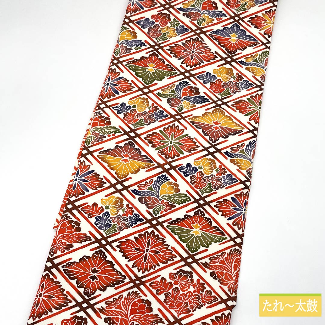 Nagoya obi, stencil dyeing, Bingata-style pattern, connected diamonds, obi length 359cm, pure silk, A rank, full length, casual, white, 1124006573311, Nagoya style