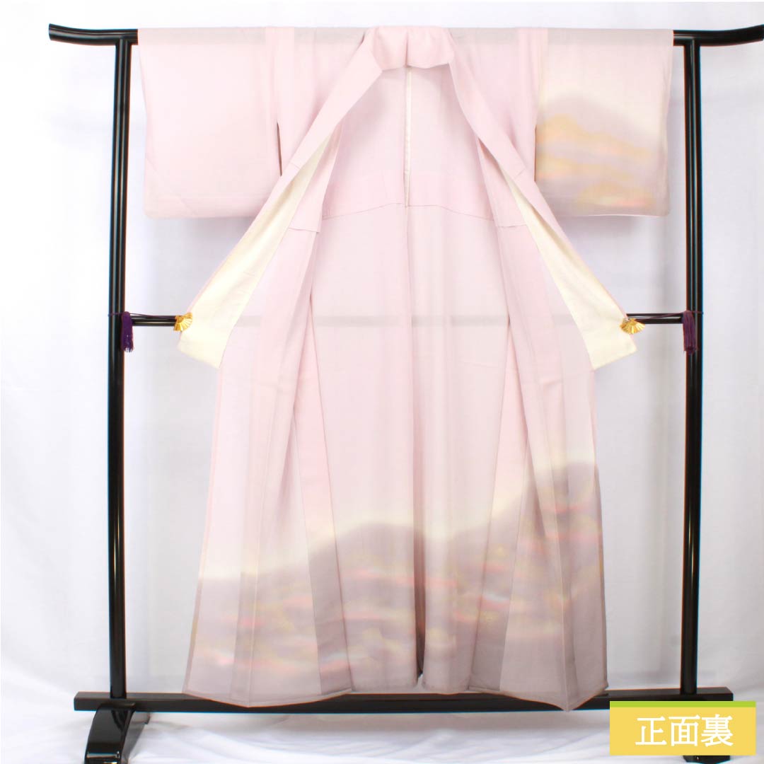 Summer pure silk formal kimono, length 153cm, sleeve length 61.5cm, cherry blossom color, Kyoto Yuzen, one crest, circle with tangerines, silk, B rank, pink, 1132002194213