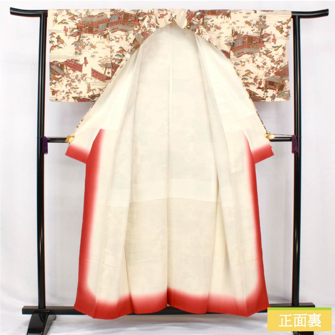 小紋 正絹 身丈156.5cm 裄丈62cm 袷 砥粉色（とのこいろ） 型染 時代絵巻 Bランク クリーム系 1115005054315