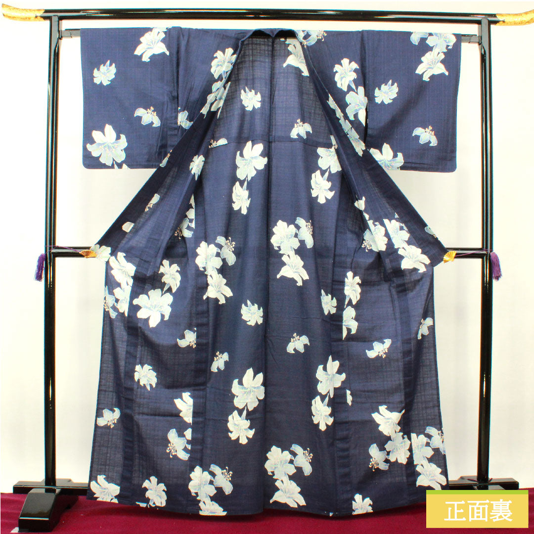 浴衣 木綿 身丈166cm 裄丈64.5cm Sランク 単衣 紺系 燻色（ふすべいろ） カサブランカ 1118005142518