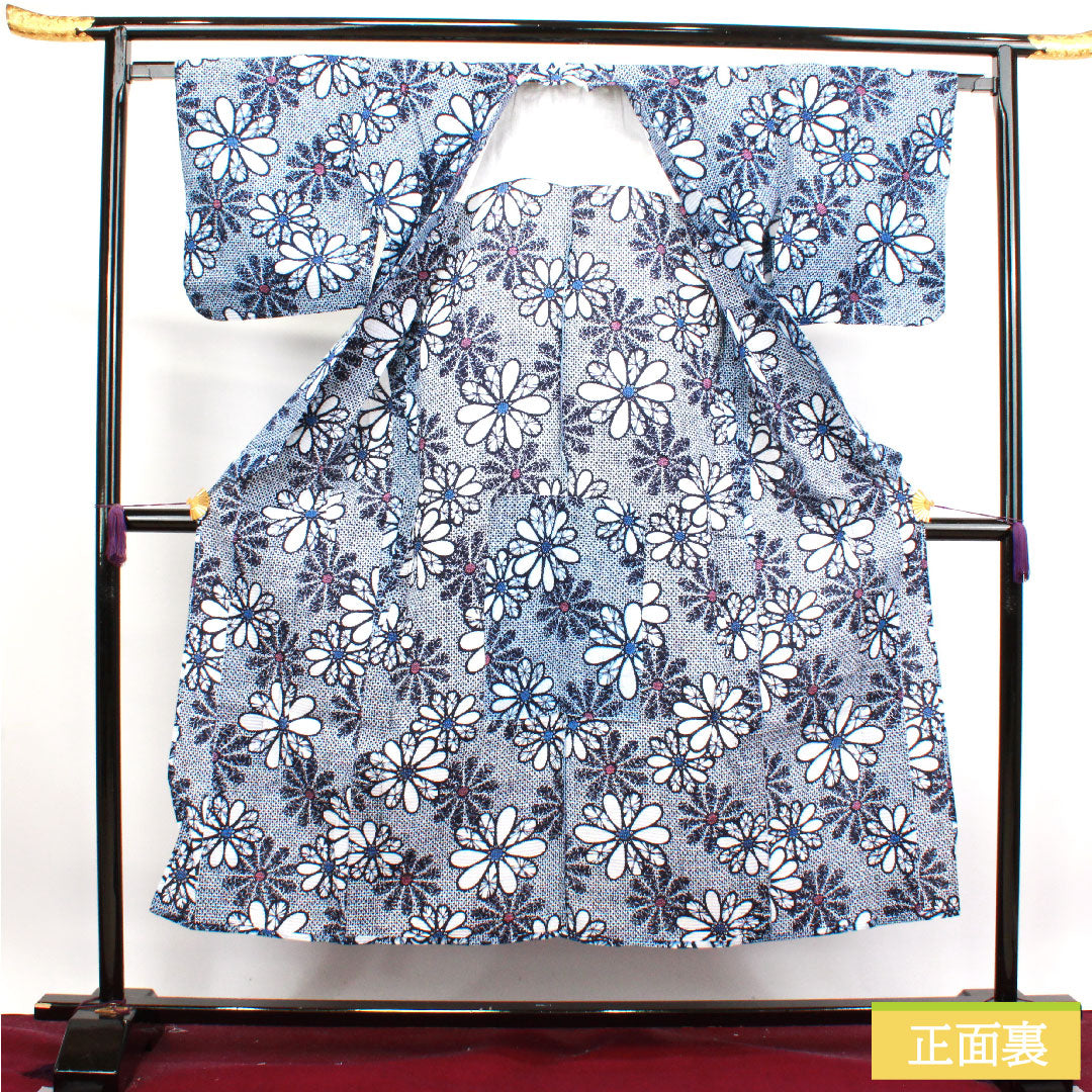 浴衣 木綿 身丈148cm 裄丈63.5cm Sランク 単衣 紺系 濃紺色（のうこんいろ） リップル 菊 1118004572118