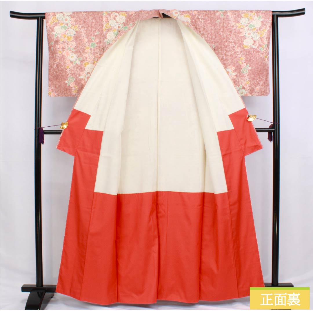 Komon (small pattern) kimono, pure silk, length 162.5cm, sleeve length 62cm, lined, light purple (asa-kisu-iro) color, tsumugi fabric, Tsujigahana (flower) pattern, A rank, pink, 1115006233413