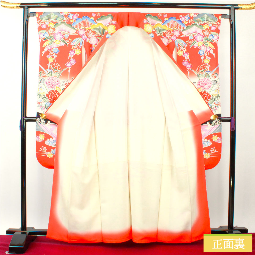 Furisode (long-sleeved kimono) made of pure silk, length 162.5cm, sleeve length 63.5cm, lined, silver-vermilion, Kyoto Bingata, auspicious motif, S rank, vermilion, 1113002112416
