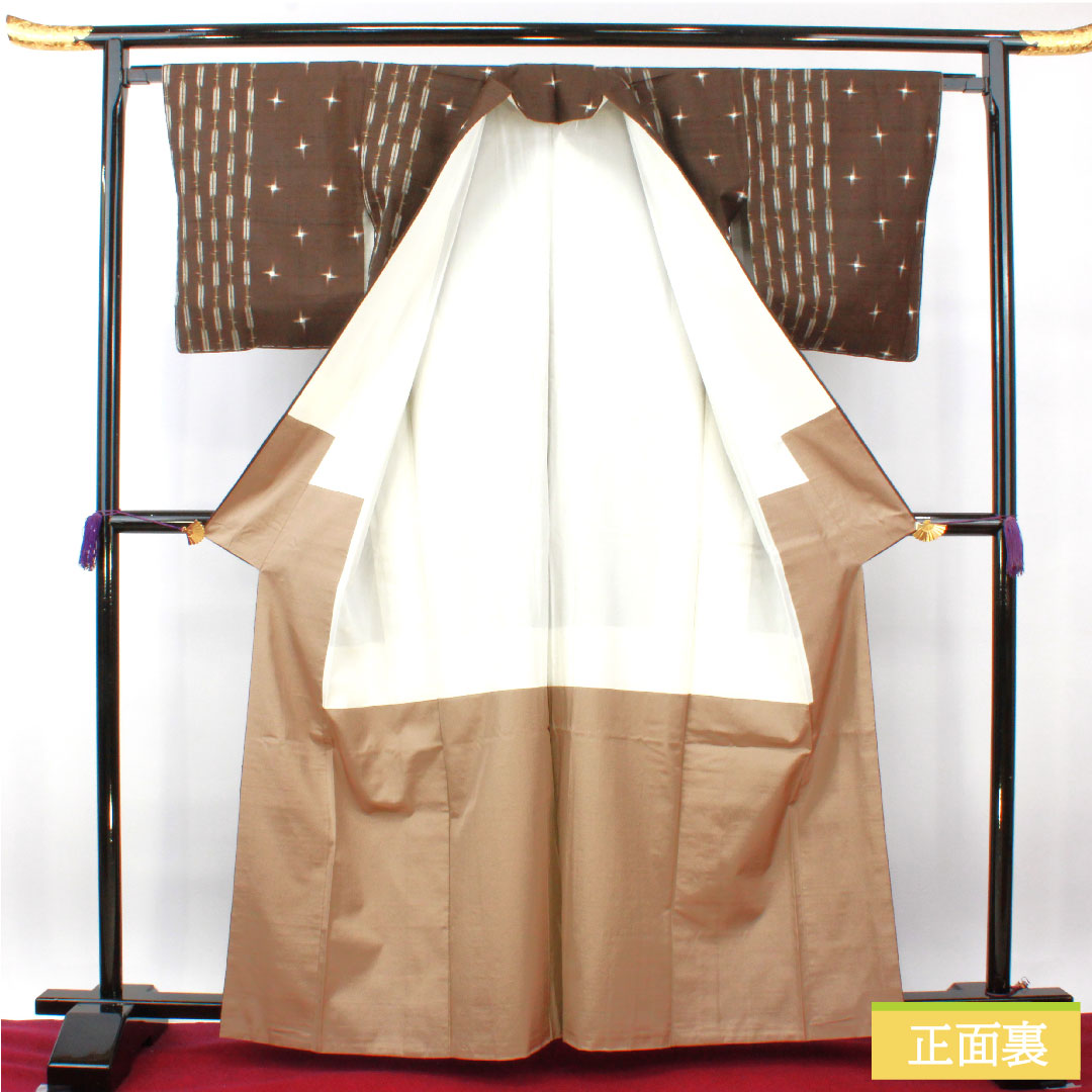 Tsumugi, pure silk, length 163cm, sleeve length 63.5cm, Kenbou color, Kasuri, basting thread included, unused, S rank, lined, brown, 1116003522414