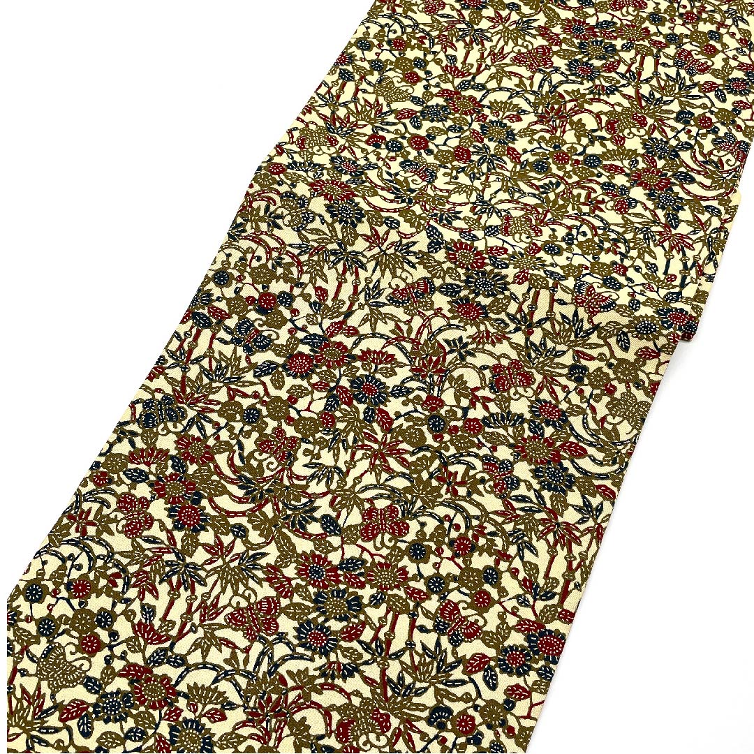 Nagoya obi, koji color, flower pattern, butterfly, stencil dye, obi length 370cm, pure silk, S rank, full length, casual, cream color, 1124003582315, Nagoya style