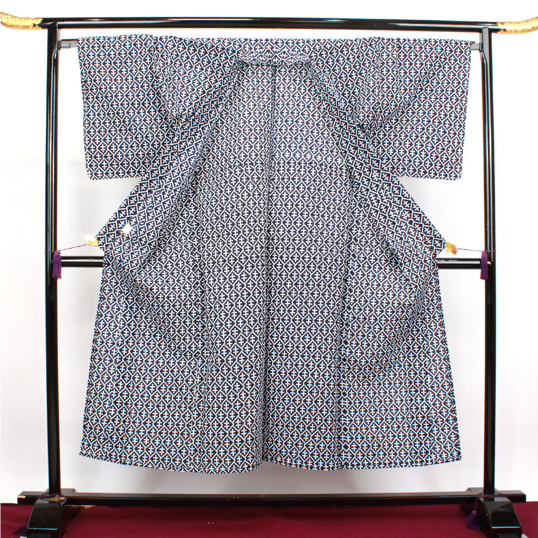 Men's Yukata, Geometric Pattern, Cotton, B Rank, Single Layer, Length 150cm, Sleeve Length 70cm, Navy Blue, 1118001614118