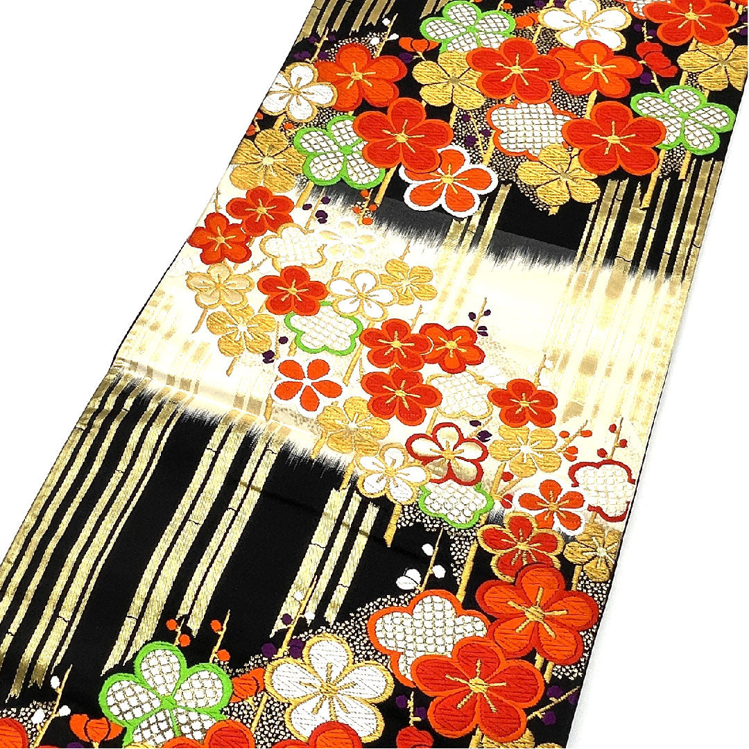 Fukuro Obi for Furisode, Plum, Bamboo, Length 422cm, Pure Silk, A Rank, Six-way, Formal, Black, 1123003443310
