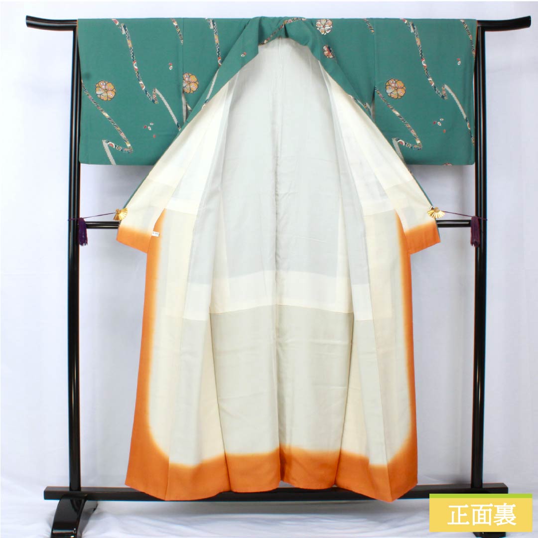 Komon, pure silk, length 152.5cm, sleeve length 64.5cm, lined, Yamaaizuuriiro (Yamaaizuri-iro), stencil dyeing, noshi (Japanese traditional wrapping paper), floral pattern, Scotchgard, B rank, green, 1115005484219