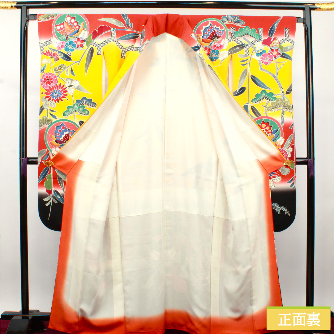 振袖 正絹 身丈165.5cm 裄丈65cm 袷  向日葵色 京紅型 吉祥文様  Sランク 黄系 1113001872523