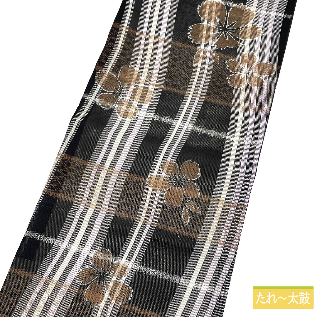 Nagoya obi, pure silk, reversible, lattice pattern, cherry blossom pattern, summer obi, obi length 370cm, S rank, full length, semi-formal, black, 1124006802310, open style